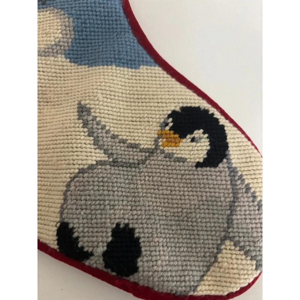 Vintage Lands End Penguin Needlepoint Christmas Stocking Wool Red Velvet MIKE